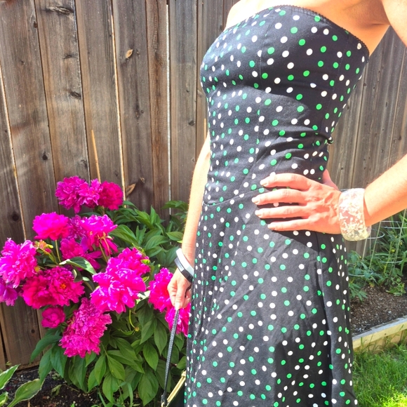 Vintage Strapless polka dot dress with crinoline black white green - Picture 3 of 13